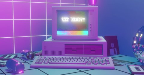 80s Style Retrowave Aesthetic, Vaporwave and Synthwave design motion background with old pc. Retro Futurism