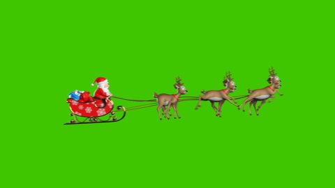 Santa Claus on a Reindeer Sleigh Flying on a Green Background, Beautiful 3d Animation, Two Cameras, 4k