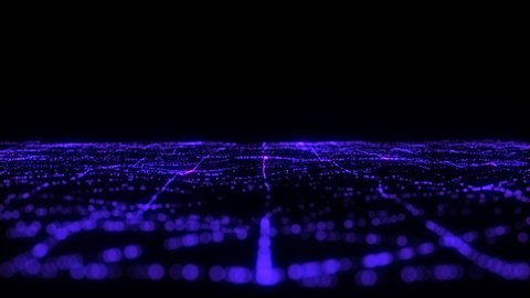 4k. NEON wireframe. Low poly grid. Glowing element. Black background. Slowmotion. Gradient lines. Violet color.