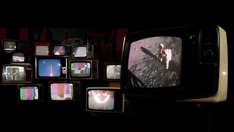 Apollo 11 Mission as Seen on Many Old Vintage Televisions. Elements of this Video Furnished by NASA. 4K Resolution.