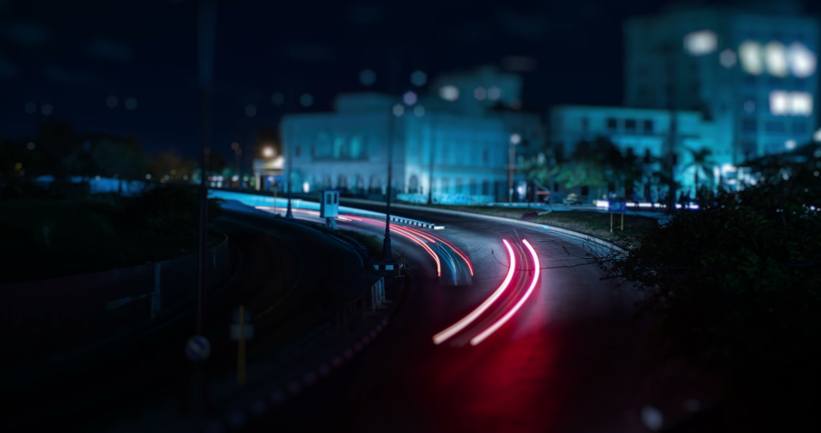 Night Traffic near Havana Tunnel Entrance Long Exposure Time Lapse with Tilt-Shift Miniature Effect, Havana, Cuba
