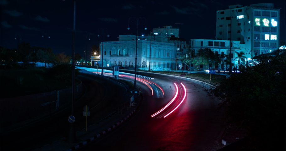 Night Traffic near Havana Tunnel Entrance Long Exposure Time Lapse, Havana, Cuba