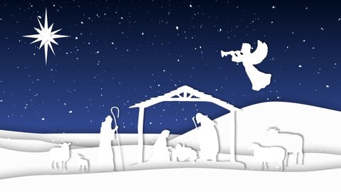 Nativity Paper Cut Outs Silhouettes 4K Loop features a nativity scene made from animated paper cut-outs with animals, manger, three wise men, angel and star against a blue sky with snowflakes in a loo