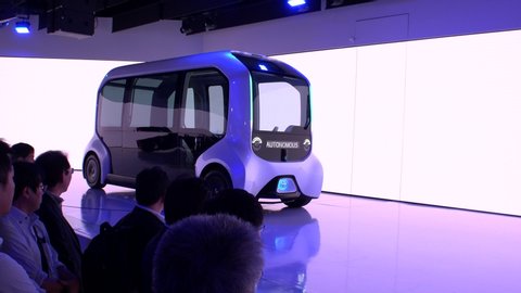 TOKYO, JAPAN - 1 NOVEMBER 2019 : TOYOTA “e-Palette” at TOKYO MOTOR SHOW. It will run a loop service around the athletes villages to transport competitors at Tokyo 2020 Olympic and Paralympic Games.