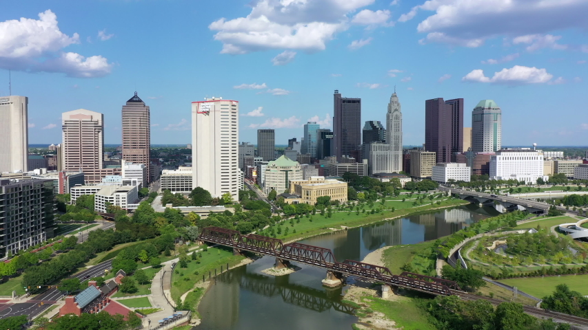Aerial view of Downtown Columbus Ohio with Scioto river