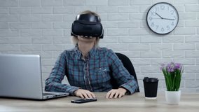 Beautiful caucasian woman uses a VR headset