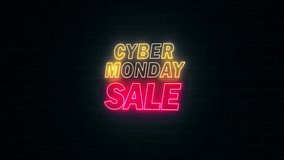 Cyber Monday Sale text message in yellow and red glowing neon lighting with HUD crosshair target on brick wall background. Hot deal business promotion billboard concept. 4K motion visual effect video