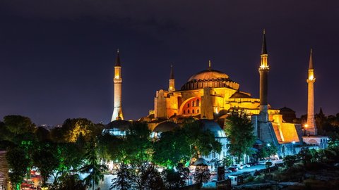 Hagia Sophia, former byzantine church and mosque, Istanbul, Turkey time lapse at night