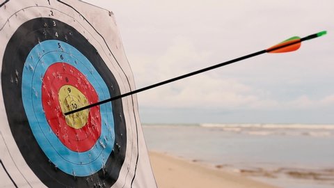 HD footage of an outdoor target for shooting with a bow and arrows, for archery arrows on a cloudy day with beach background. Archery target , Hit the goal. target board and arrow shoot.