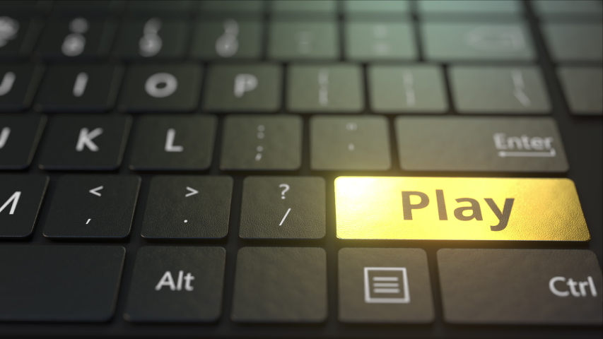 Black computer keyboard and gold play key. Conceptual 3D animation