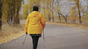 Senior woman making nordic walking in the autumn forest. Nordic walking race on autumn trail. Retired People Healthy Lifestyle Concept. Steadicam video.