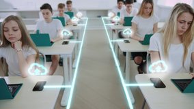 Visualization of Information. Digital Communication. In School Classroom Kids Students Studying by Computers. Technology Connecting Lines Flows into Global Network from Smartphones. Future Education. - Powered by Shutterstock - Get 15% off with code: PIKWIZARD15