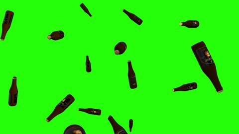 Beer glass bottles falling on green screen background. Close up view. Alcohol drinks concept. 3d animation in 4k