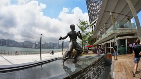 Hong Kong, China - 16 May, 2019: The Statue of Bruce Lee Near the Victoria Harbor, Touristic Place
