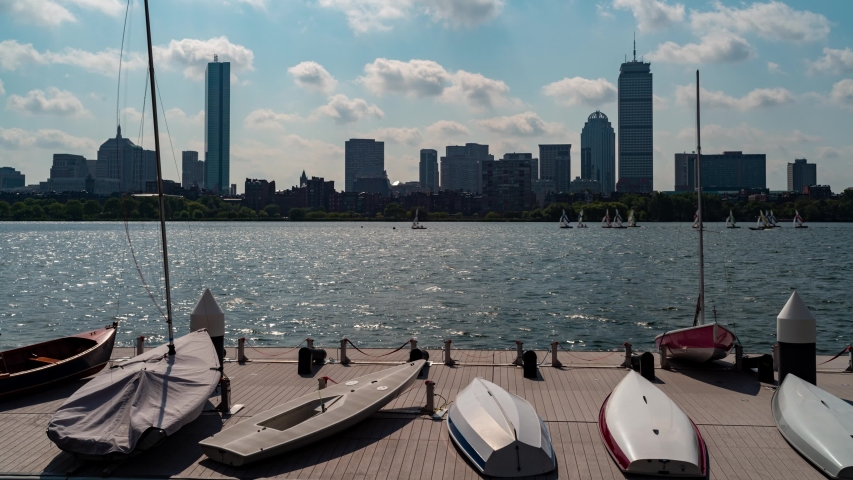 Boats Sitting and Sailing on the Charles River in Boston, Masscahustts