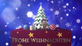Beautiful Christmas animation with a gift, cake,baubles,candies, a Christmas tree with snow and a golden inscription of Merry Christmas in German Frohe Weihnachten. Snow is falling - Powered by Shutterstock - Get 15% off with code: PIKWIZARD15