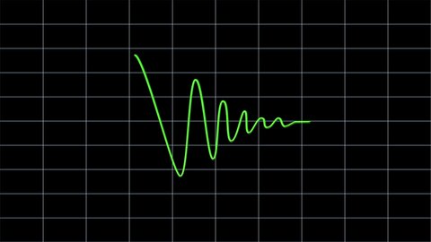 Decaying sine wave - green curve on black grid background. Motion graphics, animation. 