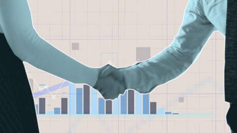 Financial cutout stop-motion animation of a business handshake with coins falls and buildings rising. Transition with graphs and charts in New York City. Put your own text on top of this video. 