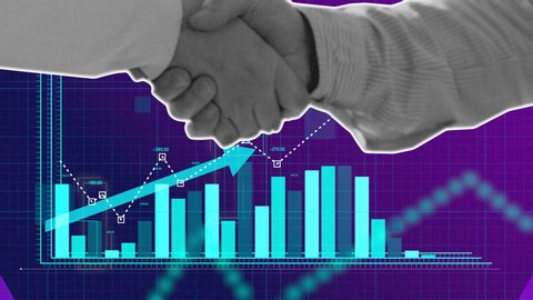 Corporate business handshake and projection growth graph cutout stop motion animation. Bright purple and blue colors. 4K