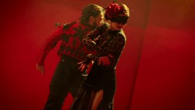 Beautiful couple dancing latin dance . Professional dancers dancing flamenco , rumba or salsa on red background . Pair in spanish dress performs dance movement . Shot on ARRI ALEXA Cinema Camera .