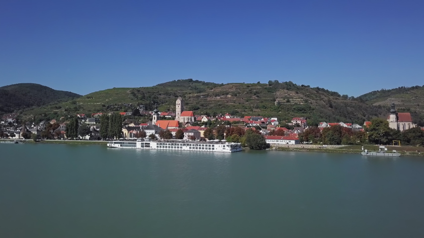 Aerial panorama of Krems town and vineyards. Wachau valley, Austria
