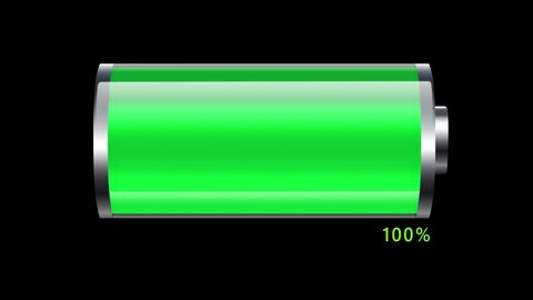 4K 3D Battery charging animation, changing color from red to green with percentage indicator