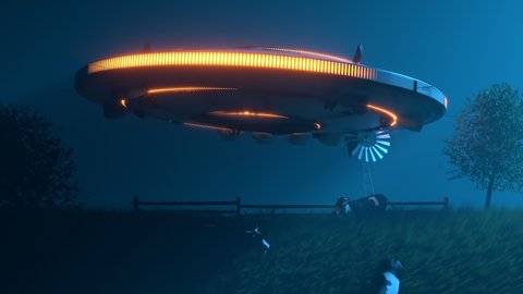 Flying saucer with glowing lights abducting cows from a grassy meadow. Night extraterrestrial invasion in the peaceful landscape. Aliens searching for an animals to kidnapping. 4K
