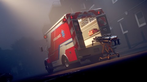 Wide-open ambulance truck standing in the middle of the empty road with stretcher pulled outside during foggy night. Urgent matter. Life or death. Camera is showing interior of ambulance. 4K HD
