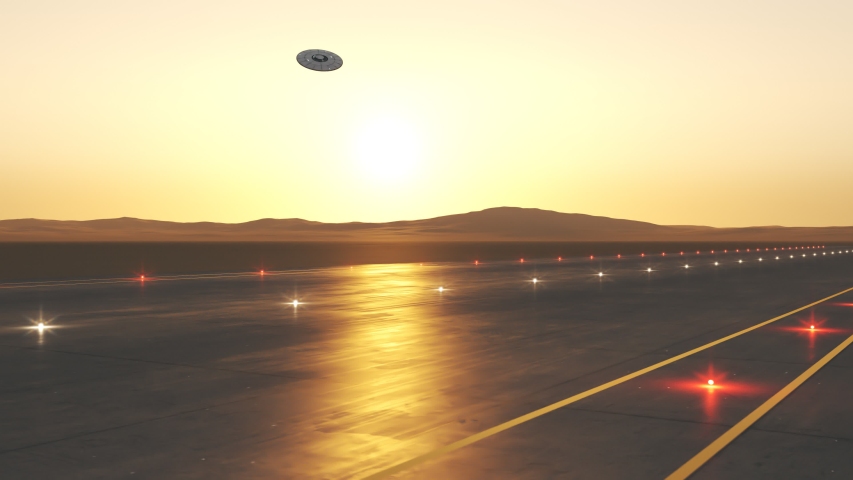 Extraterrestrial spacecraft (UFO) landing on a strip during a beautiful sunset or sunrise. Alien flying saucer invading earth. Futuristic transportation technology used to discover the universe.
