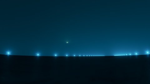 Extraterrestrial spacecraft (UFO) landing on a strip during a beautiful foggy night. Alien flying saucer invading earth. Futuristic transportation technology used to discover the universe.
