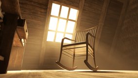 Camera focuses on a chair rocking in the middle of the old attic. Sunlight penetrates interior by the only framed window. Abandoned documents are waving on wind blows. Dust is highlighted by sun rays. - Powered by Shutterstock - Get 15% off with code: PIKWIZARD15