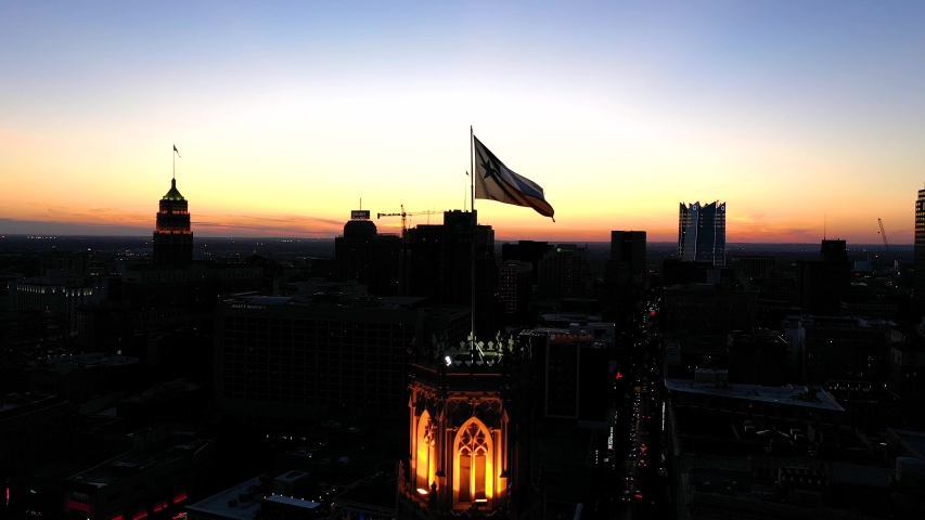 4K San Antonio Tx Texas Flag Drone Aerial Sunset Texas Exterior