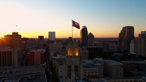 4K Texas State Flag Drone Aerial Sunset San Antonio Skyline Texas Star