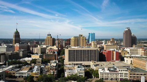 4K San Antonio Skyline Reveal Aerial Texas State Flag Drone