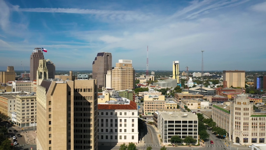 4K San Antonio Aerial View Texas Flag Summer Afternoon Blue Sky
