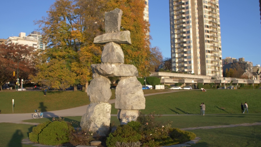 VANCOUVER ,CANADA - CIRCA November 2019 :beautifully lit inukshuk at english bay