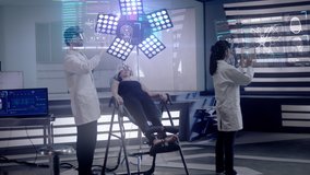 Scientists working on EEG Headset technology with female patient. Scientist analyzes Neuronal Activity on Futuristic Transparent Screen as Doctor views Brain Data on Holographic Augmented Projection. - Powered by Shutterstock - Get 15% off with code: PIKWIZARD15