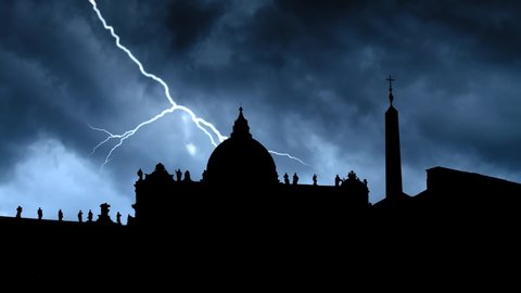 Vatican City: St. Peter's Square and Saint Peter Basilica in Silhouette, Thunderstorm and Lightning Time Lapse in Dark Night, Rome, Italy