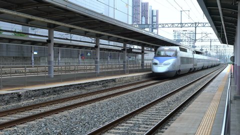 Daegu Korea , 30 September 2019 : KTX bullet train passing at high speed at Daegu station in South Korea