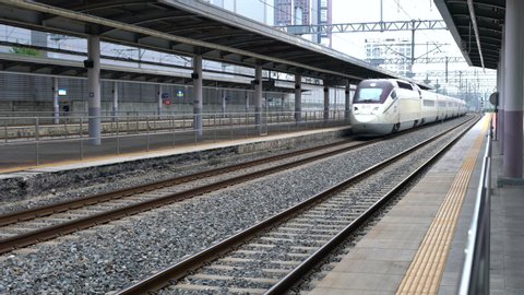 Daegu Korea , 30 September 2019 : SRT bullet train passing at high speed at Daegu station in South Korea
