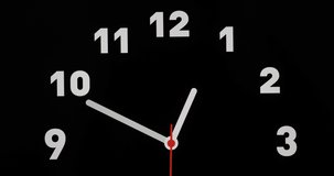 Timelapse or time lapse of clock on black background and movement of clock hands. Royalty high-quality 4k stock video footage time lapse clock with three arrow white hands moving too fast to one hour.