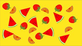 
animation of slices of watermelon, strawberry orange on a yellow background
