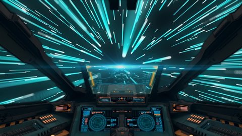 Fake Video Game Sci-fi Spaceship Jump Into Hyperspace. Hyper Jumps Into Another Galaxy. Speed Of Light, Neon Glowing Rays In Motion. Moving Through The Stars. Seamless Loop