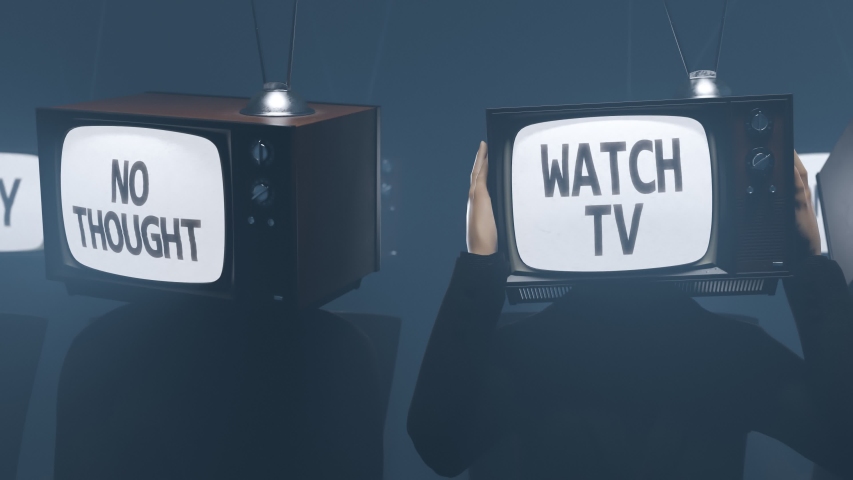 Men in a dark room with vintage TV`s on their heads. Conformist words displayed on the screen. Symbol of extreme media manipulation influence. Propaganda broadcasting. Modern slavery. 4K render
 Royalty-Free Stock Footage #1041039536