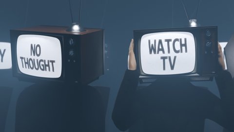 Men in a dark room with vintage TV`s on their heads. Conformist words displayed on the screen. Symbol of extreme media manipulation influence. Propaganda broadcasting. Modern slavery. 4K render
