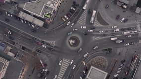 Late evening overhead aerial drone static view to roundabout in Chisinau, Republic of Moldova
