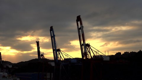 Silhouette of cargo port cranes at sunset. orange sunset sky. container cranes 