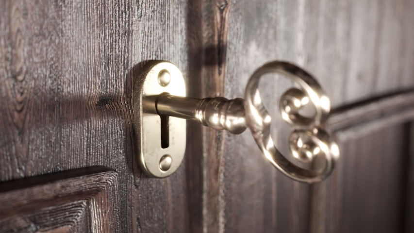 View at old-fashioned wooden doors focused on the golden lock door and door handle. Key is rotating around its pivot and opening the lock. After that, a handle is pulled and doors open. Brightness.
 Royalty-Free Stock Footage #1041042641