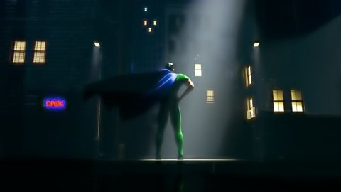 Superhero standing on the street at the foggy night. Cartoon character in macho pose lighted by city lights. Muscular protector in the costume with cape flapping on the wind. Town guardian.
