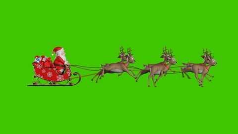 Santa Claus on a Reindeer Sleigh Flying on a Green Background, Two Beautiful 3d Animations, Second with Contour Light for the Night Flight. Seamless Looping, 4k